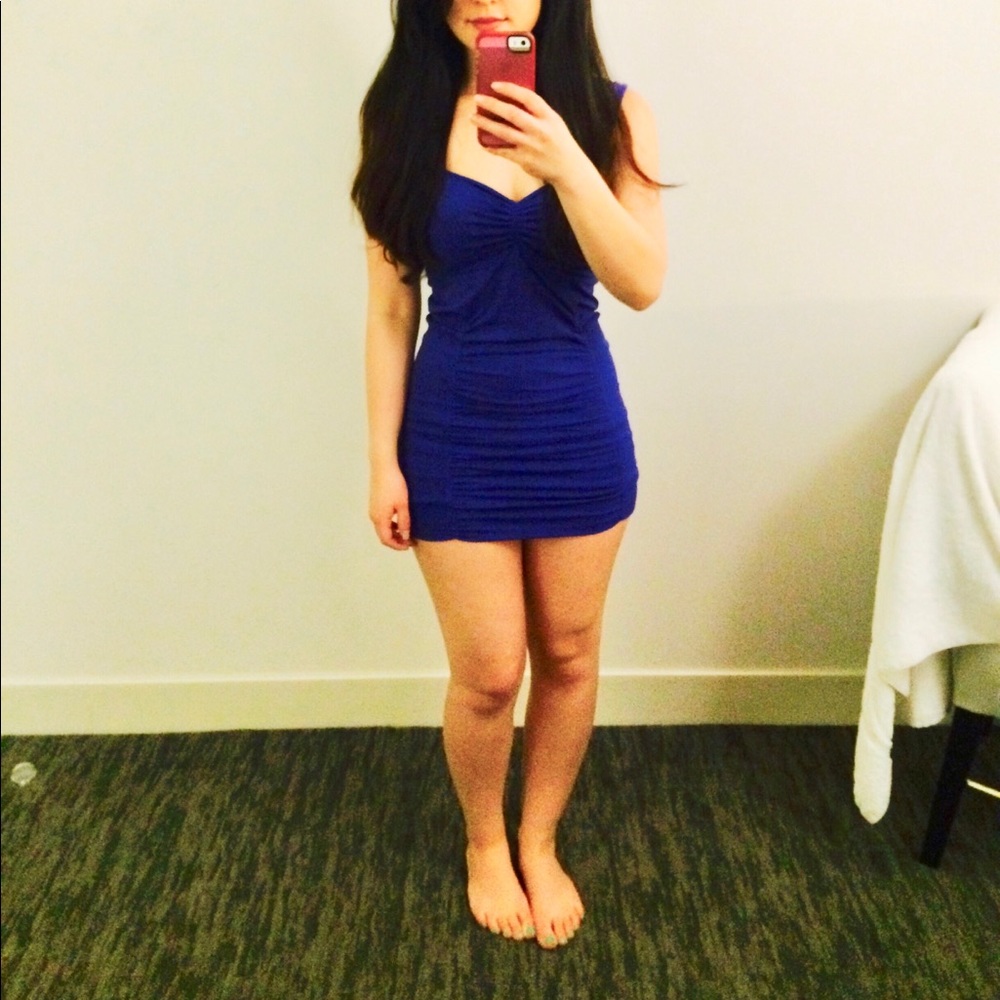 Bebe Ruched Body Con Dress in Deep Blue